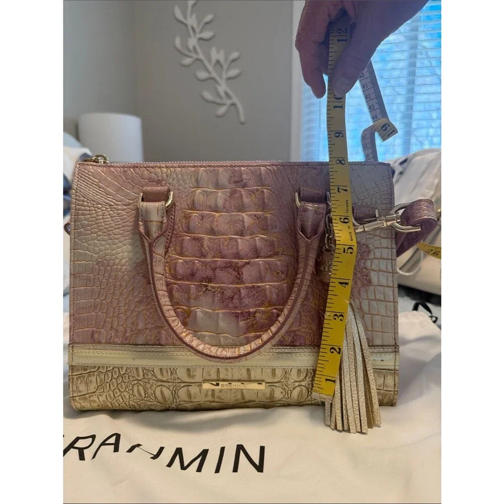 Brahmin Pink and Gold Croc-Embossed Satchel with Tassel